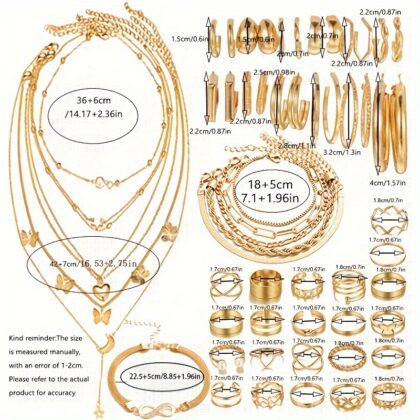 57pcs/set Trendy Metal Style Women’s Necklace + Earrings + Bracelet + Ring + Anklet Jewelry Set Wide Surface Glossy Earrings Ring Set Box Twist Chain Lock Chain Bracelet Set Daily Casual Jewelry Gift For Women’s (No Box)